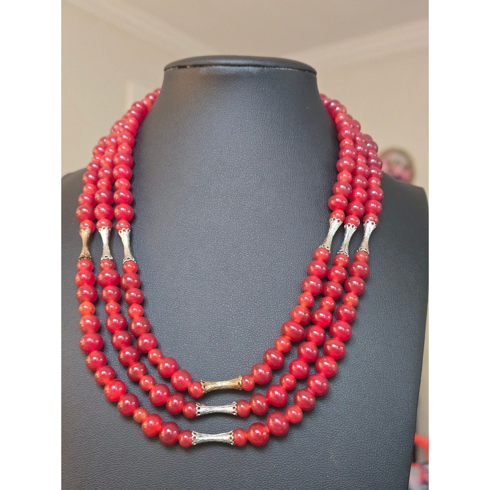 Amber Color Glass Three Strand Beaded Necklace Vintage Stunning!